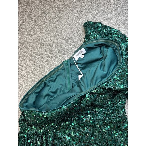 NWT Faeriesty Formal Dress Gown Sz Large Dark Green Sequin One Shoulder Mermaid - Picture 8 of 16